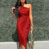 Taffeta Dress Long Dress Slant Shoulder Belt Slim Satin Dress