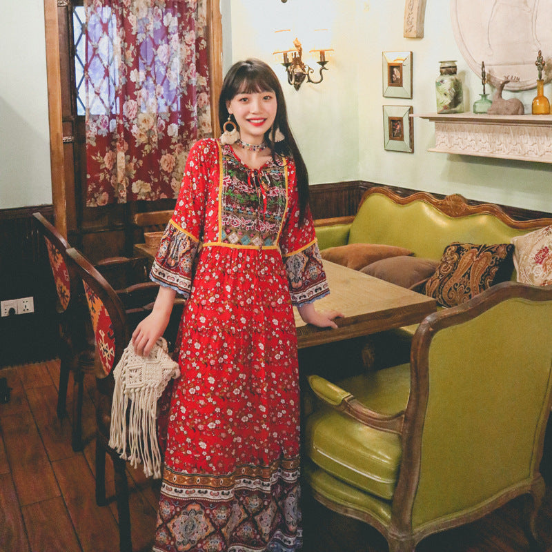 Gypsy Style Dresses Ethnic Style Embroidery Stitching Printed Large Swing Waist-Controlled Lace-up