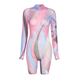 Summer New Women's Fashion Sexy High Waist Sheath Mesh Floral Print Tight Sports Jumpsuit
