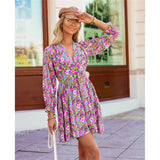 Coachella Music Festival Outfits Sexy Long Sleeve Floral Print Slim Fit V-neck Skirt