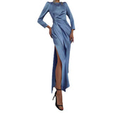 MIDI Mauve Cocktail Dress Women's Autumn and Winter Long Sleeve Split Dress Waist Dress