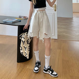 High Waisted Shorts White Wide Leg Pants Adjustable Iron Button Ripped Denim Shorts