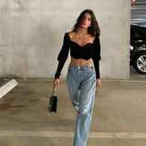 Coachella Music Festival Outfits Jeans High Waist Retro Loose Casual Straight-Leg