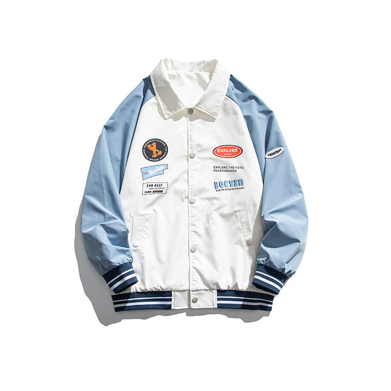 Man Fall Outfis Vintage Color Blocking Baseball Uniform Coat Loose Couple Casual Jacket