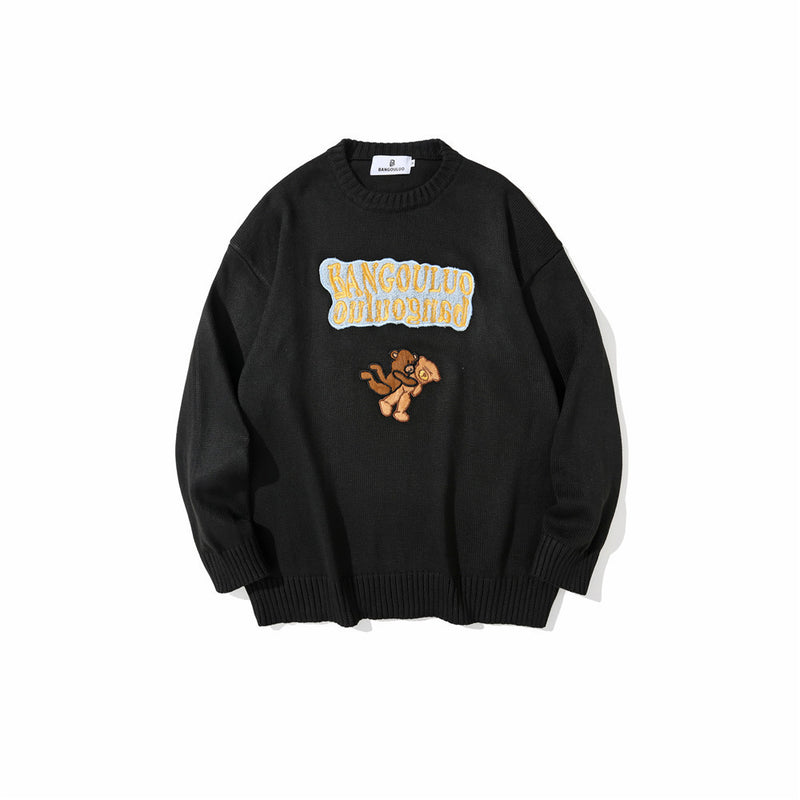 Men Sweater Cartoon Letter Embroidery Sweater Men's Pullover