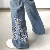 Julia Fox Low Rise Jeans Hollow Embroidered Flowers Burrs Slimming Bootcut Trousers