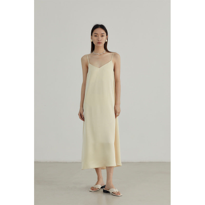 Taffeta Dress Temperament Pure Color Satin Slip Dress