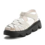 Highway Flat Sandals Summer Sandals Muffin Bottom Velcro Hand-Woven Genuine Leather Roman Shoes