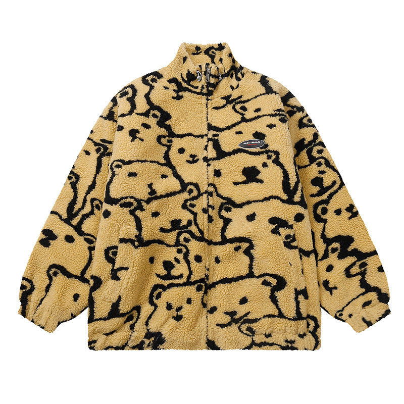 Cardigan Baseball Jacket Bear Print Berber Fleece Coat