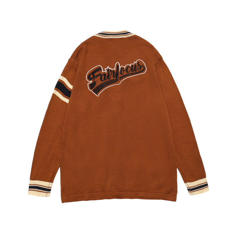 Men Sweater Vintage Color Matching Letters Embroidered Cardigan Sweater Men's Loose V-neck Sweater Coat