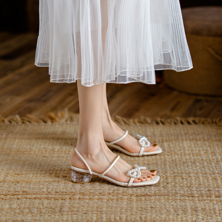 Nude Low Block Heel Square Toe Low Heel Open Toe Pearl Bow