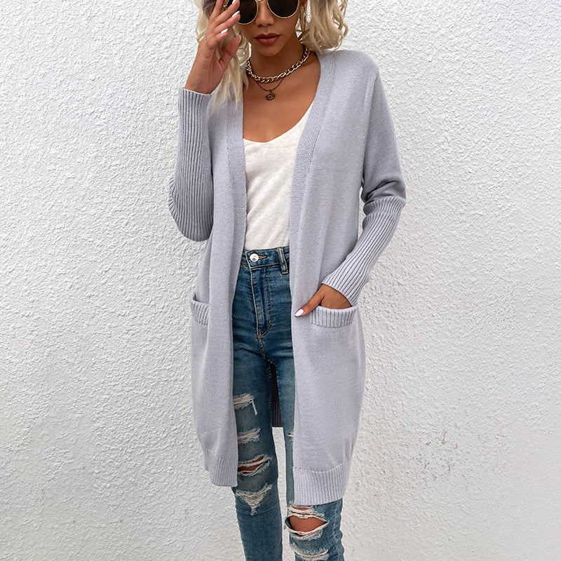 Women Cardigan Knit Sweater Autumn and Winter Mid-Length Solid Color Pocket Knitted Cardigan Jacket