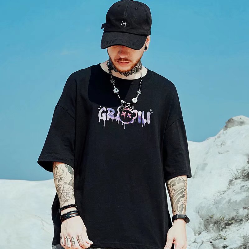 Men T-Shirts Bear Printed Graffiti Loose Half Sleeve