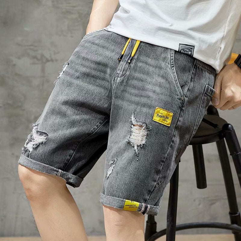 Men Denim Shorts Summer Denim Shorts Men's Ripped Elastic Waist Loose