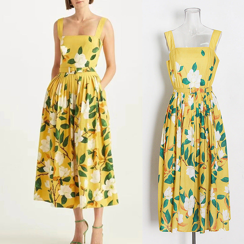 Nine Britton Dress Suspender Skirt Square Collar Belt Waist-Tight Flower Print