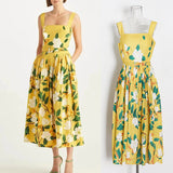 Nine Britton Dress Suspender Skirt Square Collar Belt Waist-Tight Flower Print