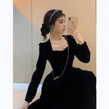 Maxi Burgundy Dress Formal Women's Autumn and Winter Square Collar Midi Dress Base Skirt