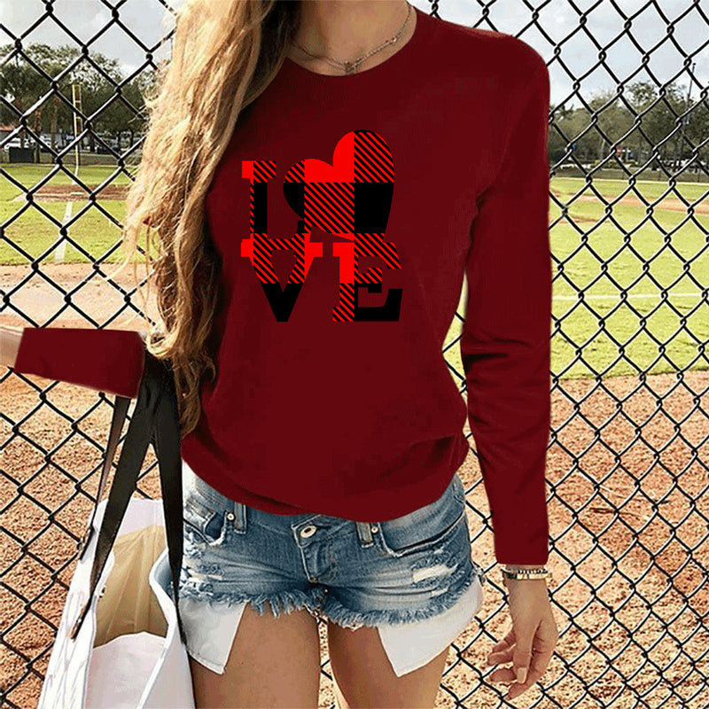 Valentine's Day T Shirt Women's Solid Color Long Sleeve Love Printed Casual Style Top
