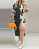 Romanian Gypsy Outfits Printed Button Pocket Long Sleeve Shirt Dress