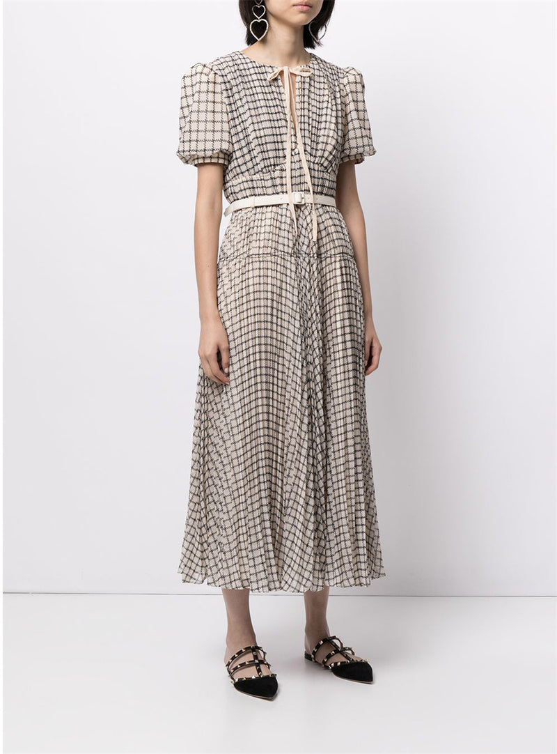 Kendall Jenner Wedding Guest Dress French Lady Style Plaid Graceful Puff Sleeve Waist-Tight Slim-Fit Formal Dress