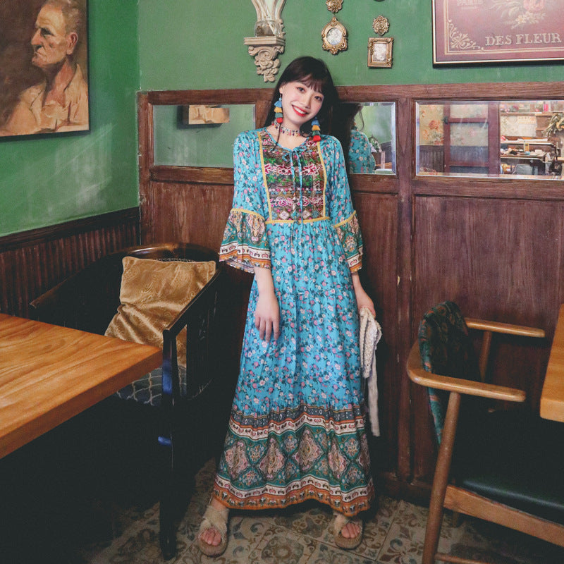 Gypsy Style Dresses Ethnic Style Embroidery Stitching Printed Large Swing Waist-Controlled Lace-up