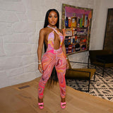 Summer women's sexy backless mesh printed high waist tight casual sports jumpsuit