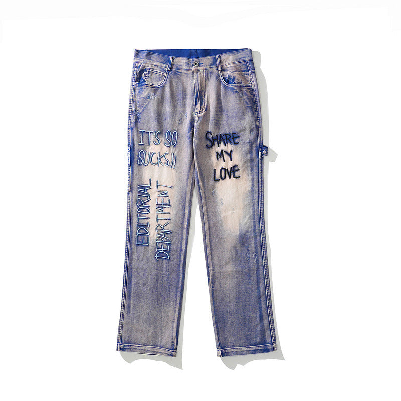 Man Fall Outfits Embroidered Ripped Jeans Fashion Brand Loose Straight