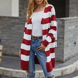Women's Cardigan Knit Sweater Autumn Sweater Long Contrast Color Striped Cardigan Sweater for Women