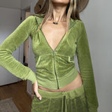 Velour Tracksuit Solid Color Velvet Slim Fit Sports Suit Zipper Hooded Long Sleeve Coat