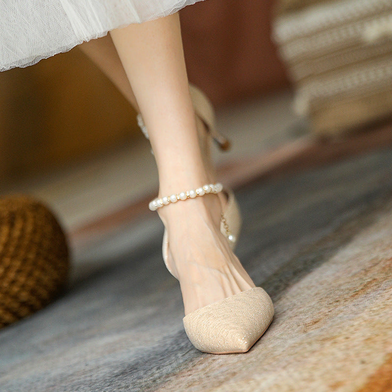 Nude Low Block Heel Pearl Buckle Pointed Toe Pumps