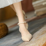 Nude Low Block Heel Pearl Buckle Pointed Toe Pumps