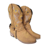 Beth Dutton Shoes Autumn and Winter High Brown Embroidery SUNFLOWER round Toe Low-Top Dr. Martens Boots