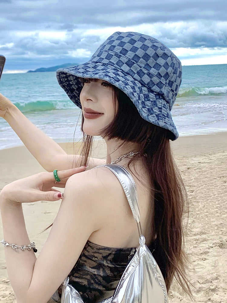 Vintage Check Bucket Hat Grid Cowboy Hat Sun-Proof Basin Hat