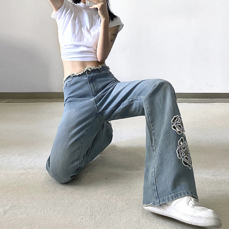Julia Fox Low Rise Jeans Hollow Embroidered Flowers Burrs Slimming Bootcut Trousers