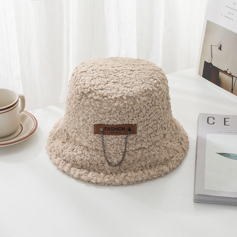 Vintage Check Bucket Hat Letter Lamb Wool Bucket Hat