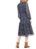 Kendall Jenner Wedding Guest Dress Temperament Law Retro Flower Print Blue with Long Sleeves Cinched Tie Slim-Fit