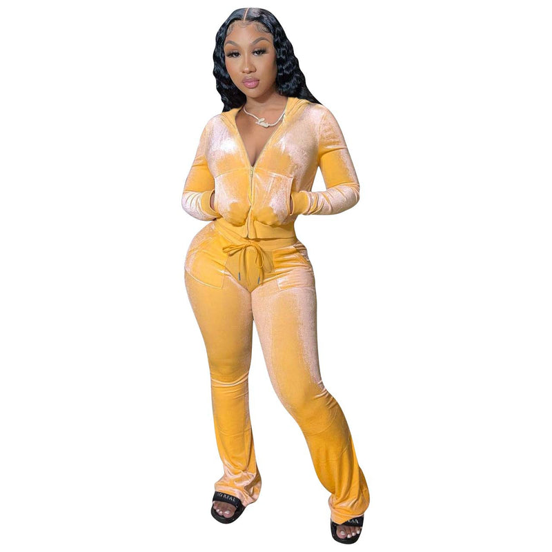 Velour Tracksuit Solid Color Pleuche Wide Leg Pants