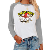 Halloween Costumes Pattern Printed Raglan Color Contrast Long Sleeve T-shirt Women