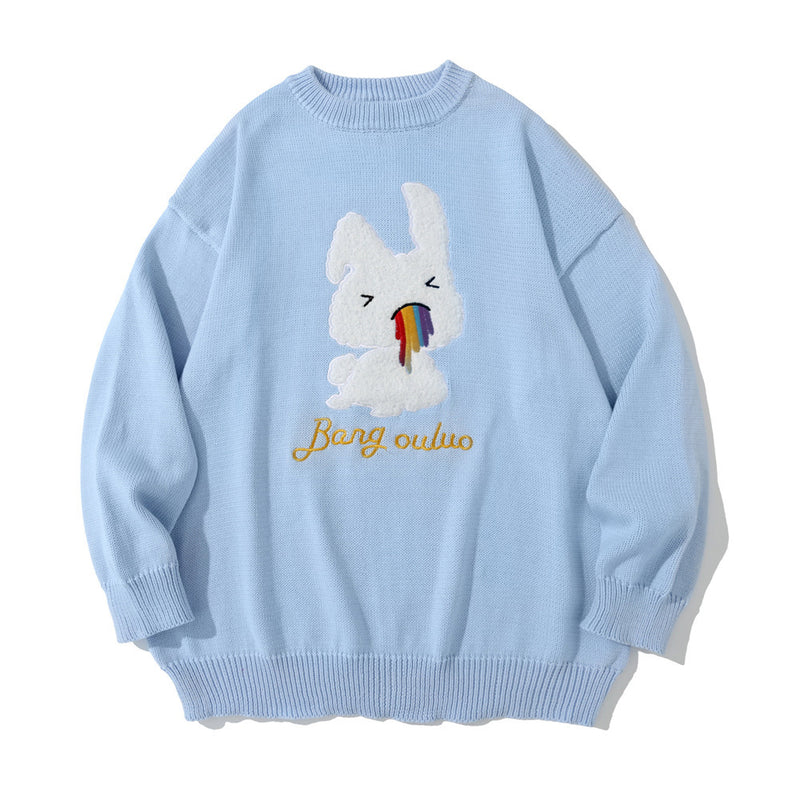 Men Sweater Cartoon Rabbit Embroidered Knitwear Men's Street Trend round Neck Sweater Pullover