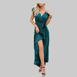Emerald Green Dress Solid Color Short Sleeve Split Long Dress