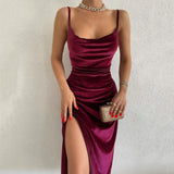 Blue Velvet Dress Sexy Slim Fit Slit Sling