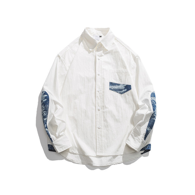 Man Fall Outfis Vintage Contrast Color Stitching Long-Sleeved Shirt Leisure Cargo Shirt