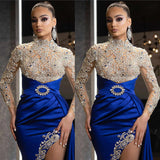Long Homecoming Dresses Women's Blue Gold round Neck Dress Long Dress Women