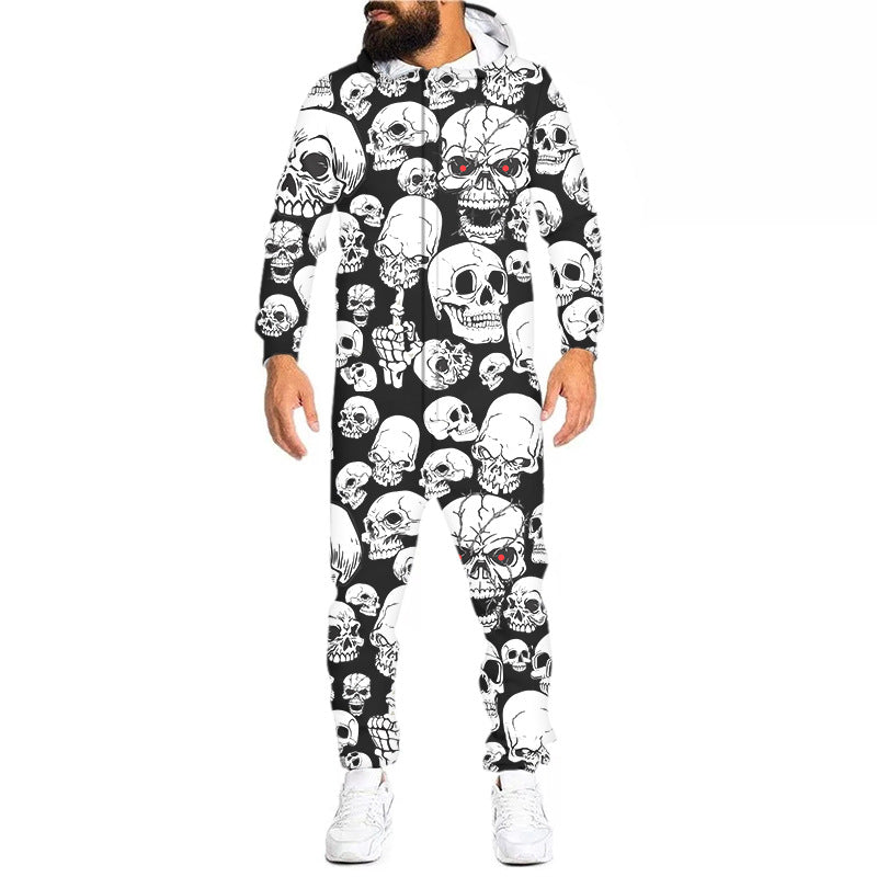 Skull Apparel 3D Printed Jumpsuit Zipper Hoodie Skull Loose