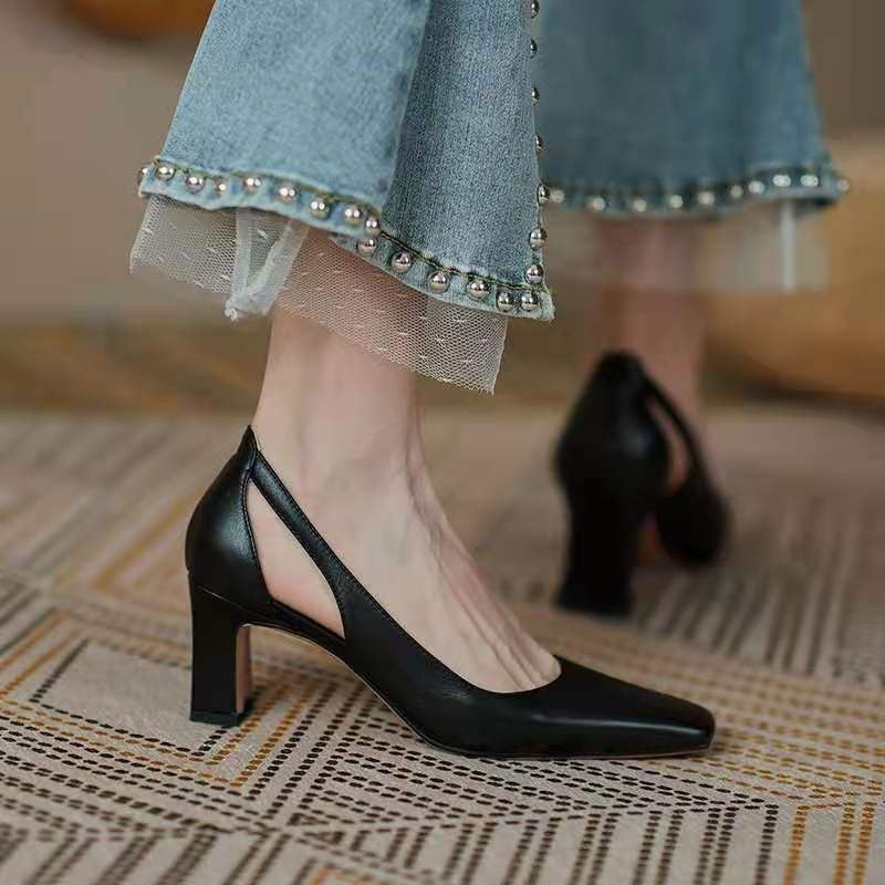 Nude Block Heels Retro Shoes Spring Women's Chunky Heels High Heels