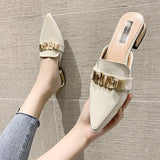 Finn Chain Pointed Toe Mule Closed Toe Half Slippers Summer Women's Pointed-Toe Mules Shoes Half Support