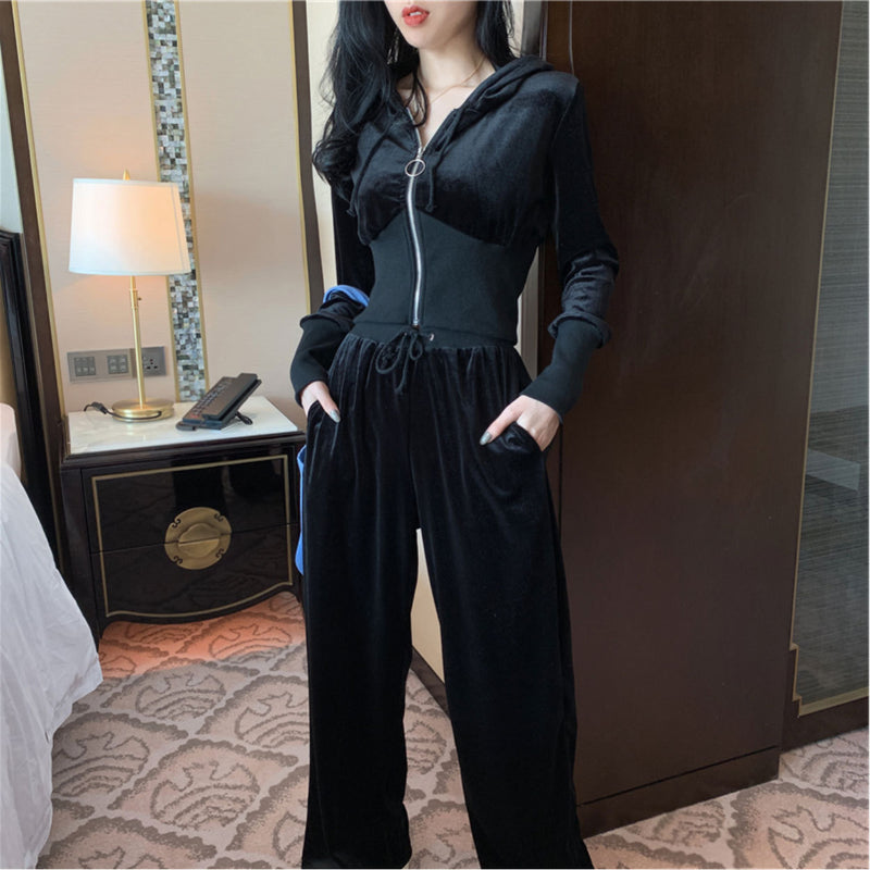 Velour Tracksuit Hooded Short Jacket High Waist Drooping Wide Leg Pants Two-Piece Set