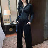 Velour Tracksuit Hooded Short Jacket High Waist Drooping Wide Leg Pants Two-Piece Set