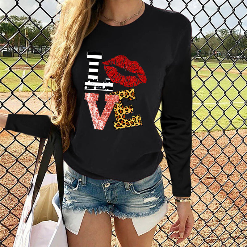 Valentine's Day T Shirts Couples round Neck Leopard Print Love Women's Casual Long Sleeve Bottoming Shirt