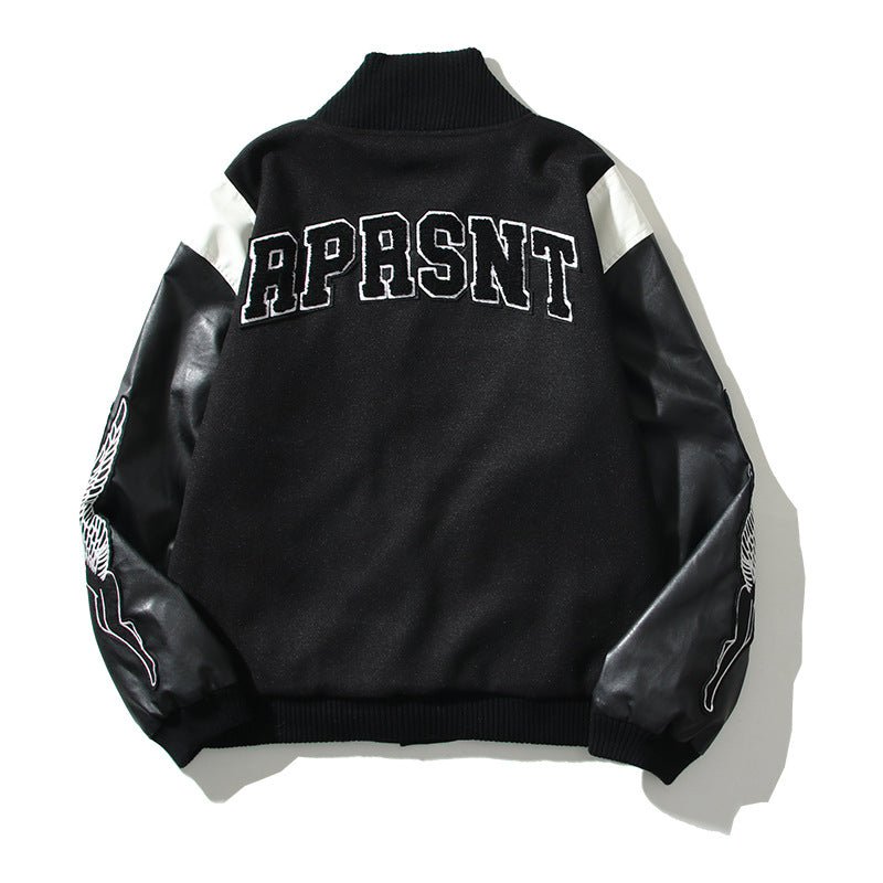Cardigan Baseball Jacket Autumn and Winter Rep Woolen Leather Sleeve Stitching Letter Logo Embroidered Baseball Jacket